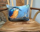 Stunning kingfisher cushion from a painting by UK artist Janet Bird