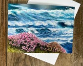Clifftop Flowers and Waves Greeting Card by British Artist Janet Bird