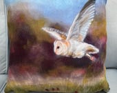 Elegant barn owl cushion from a painting by UK artist Janet Bird