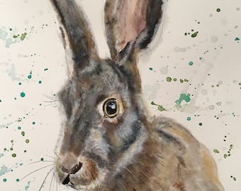 Top quality giclee print of 'Horatio' a hare painting by artist Janet Bird