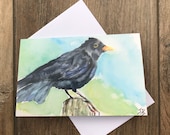 Watercolour blackbird greeting card by UK artist Janet Bird