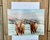 Highland cows in snow greeting card