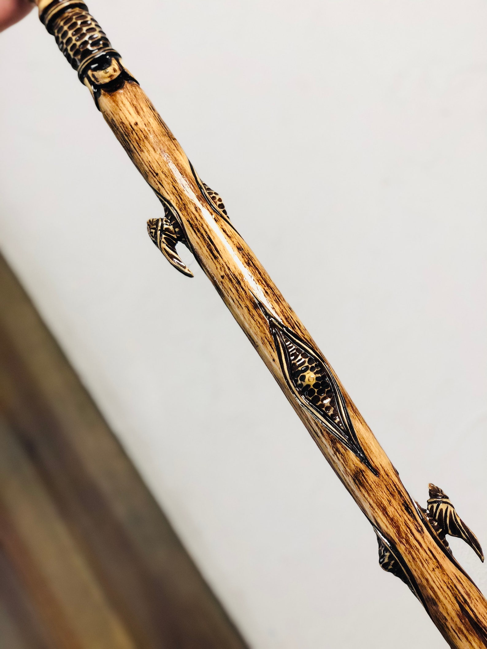 Carved Hiking Stick Rustic Hiking Staff Wooden Shepherds Etsy