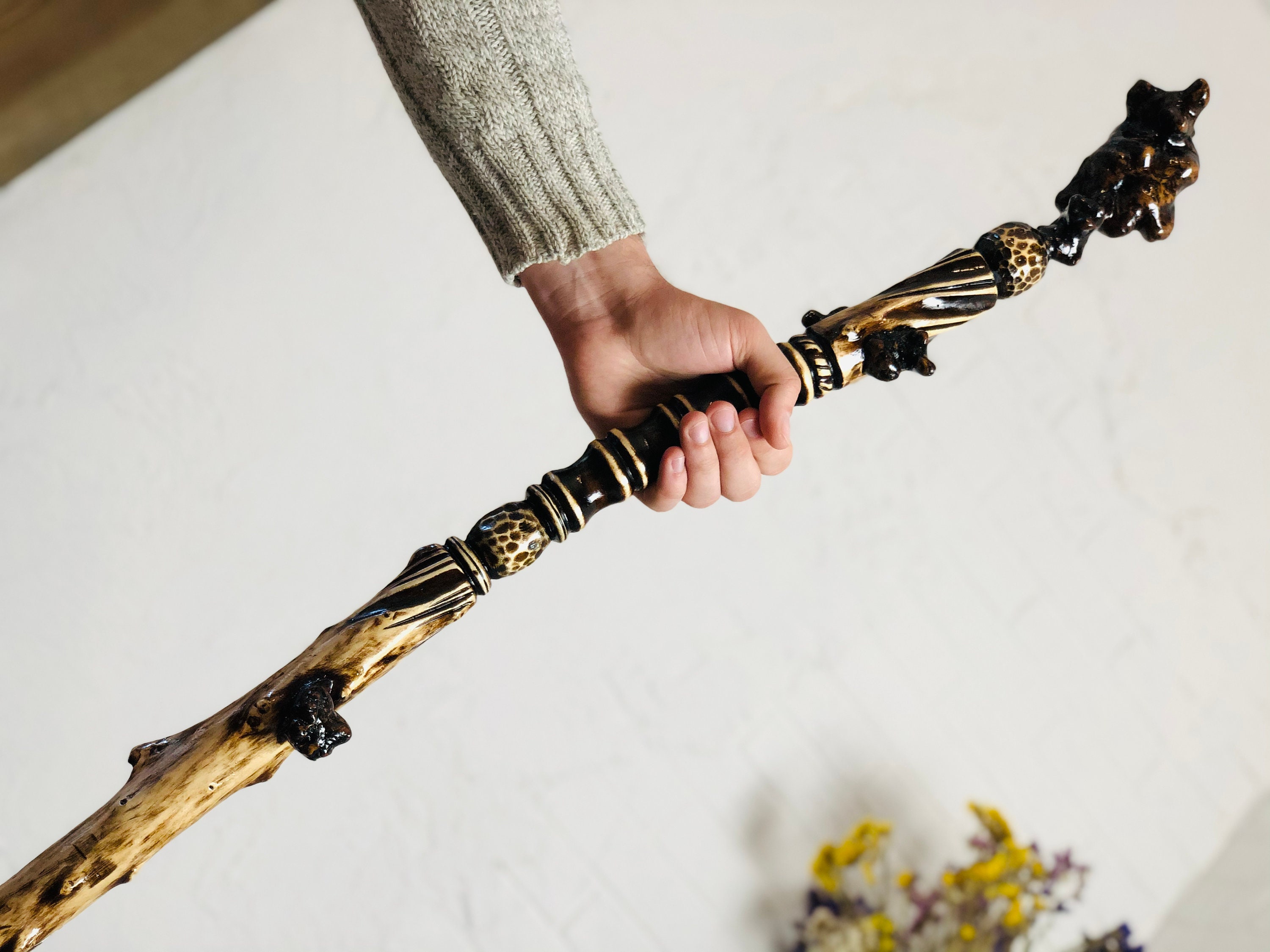 Larp staff Wizard staff Carved wood magic staff Etsy