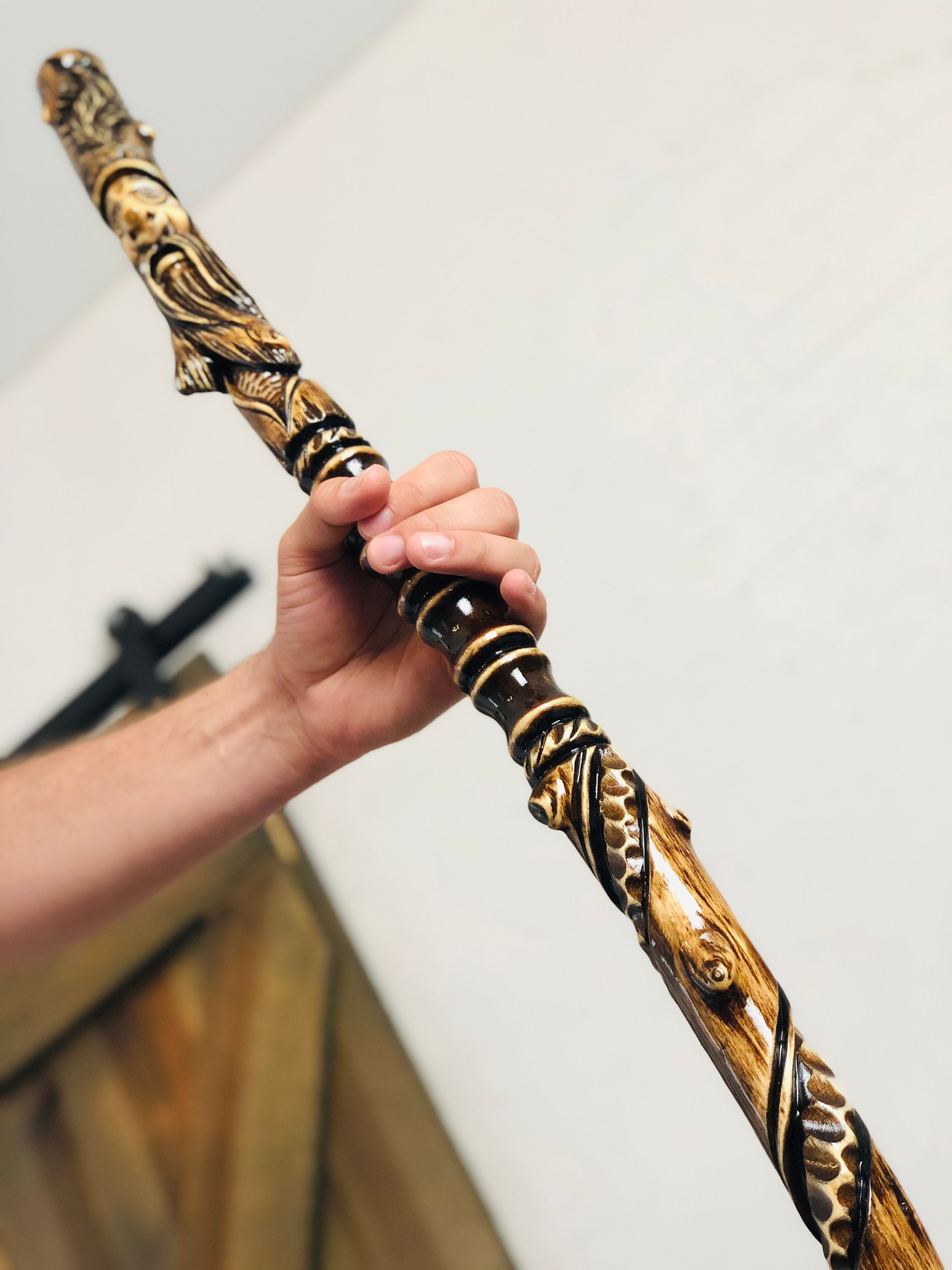 Hand carved hiking staff Wizard staff Mage staff Wooden Etsy