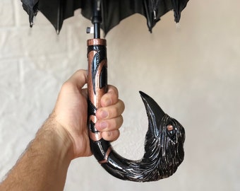 Unique umbrella raven Hand carved wooden umbrella Raven Wooden stick Design umbrella corbie Quality umbrella wooden handle vintage umbrella