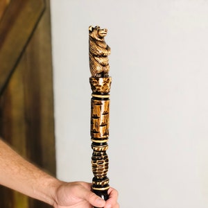 Handmade Carved Bear Walking Stick - 62 Inch Wizard Staff