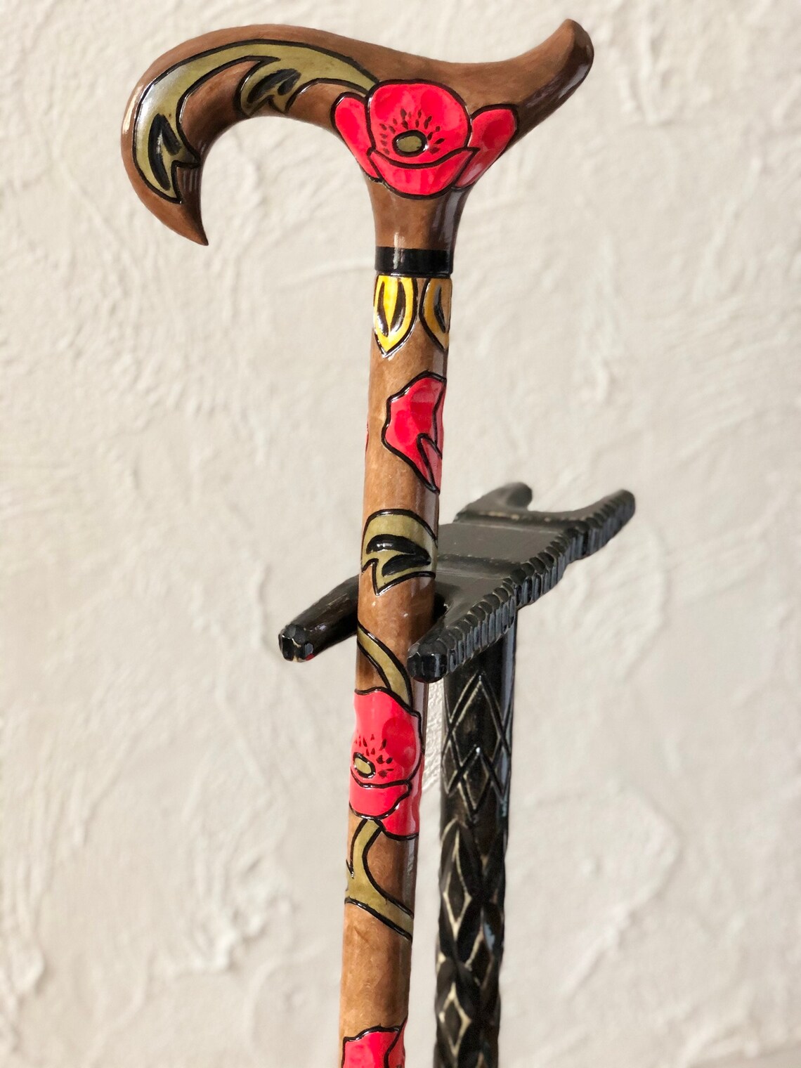 Walking canes for women Carved walking stick red poppies Canes Etsy