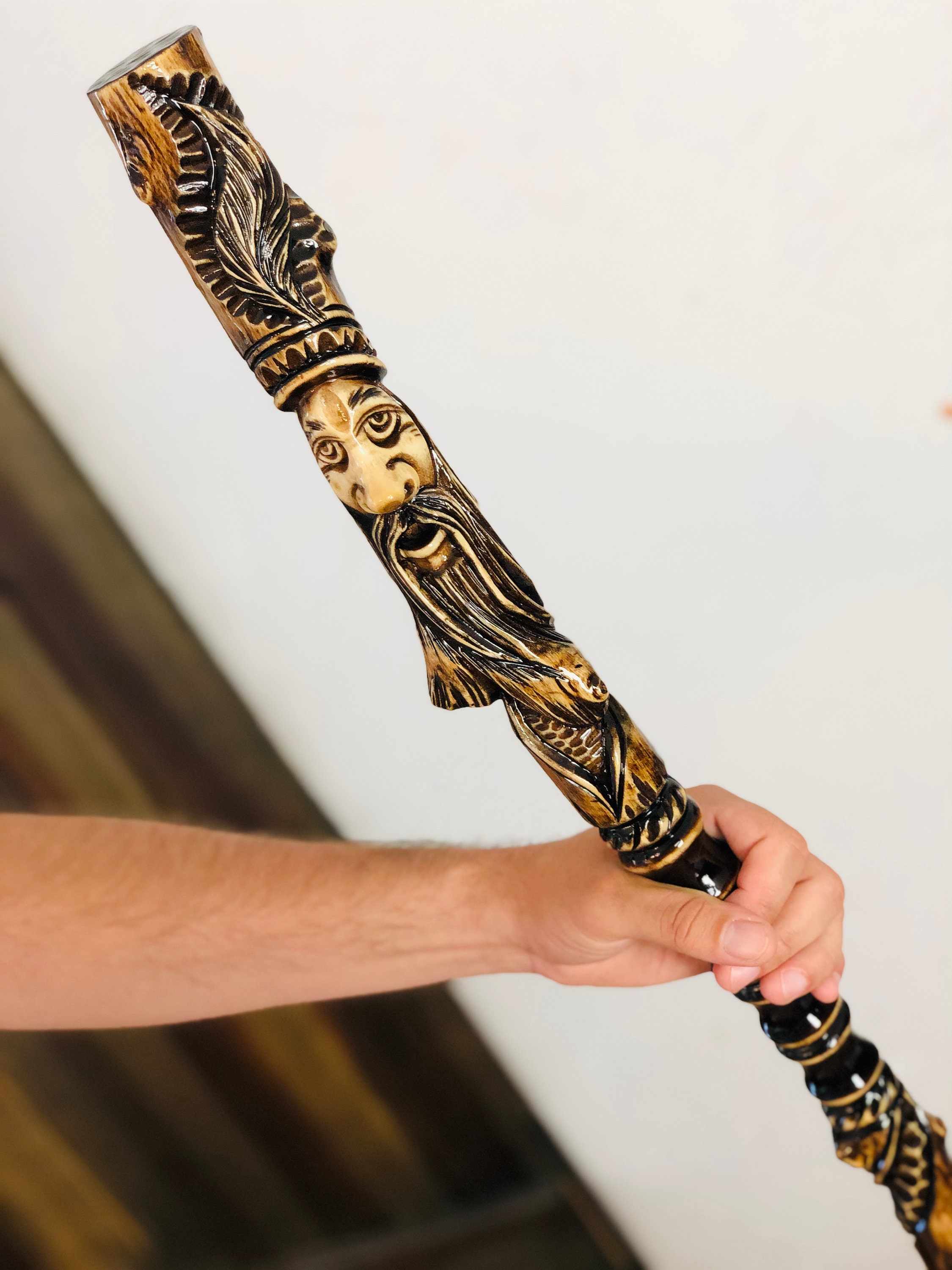 Hand carved hiking staff Wizard staff Mage staff Wooden Etsy