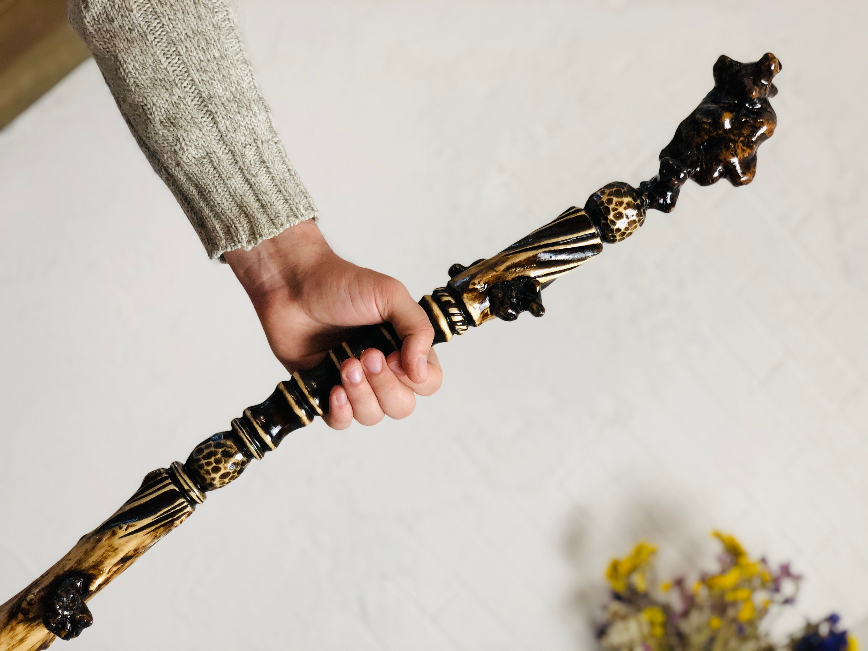 Larp staff Wizard staff Carved wood magic staff Etsy