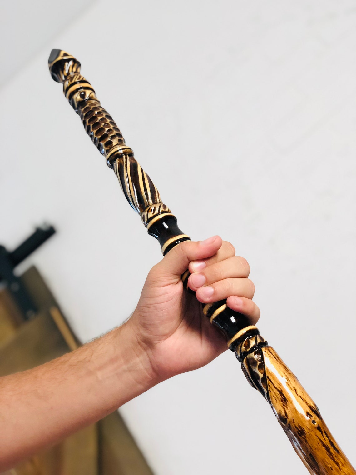 Carved walking stick Wooden hiking staff Rustic walking | Etsy