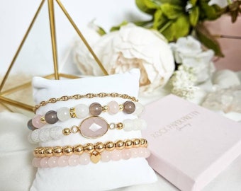 Pink gemstone bracelet stack, rose quartz statement bracelet, beaded bracelets, boho bracelets, genuine gemstones, stretch bracelets, boho