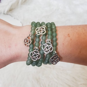 Gemstone Bracelet for luck, 6mm green aventurine gemstone beaded bracelet, Celtic knot protection charm, stretch bracelet, good luck jewelry