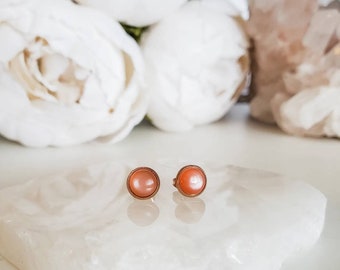 Peach moonstone studs, stainless steel posts, hypoallergenic earrings, peach moonstone earrings, dainty earrings, peach studs, moonstone