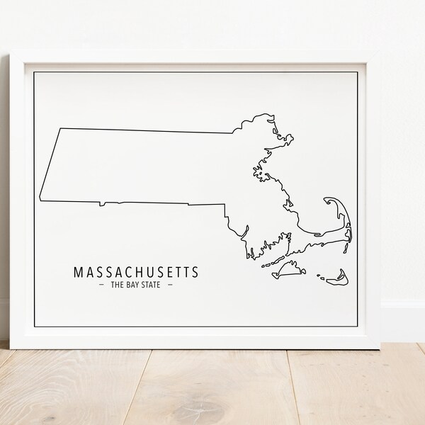 Massachusetts State Print, Instant Download, Massachusetts Outline, State Wall Art, State Print, Black and White, Massachusetts Map