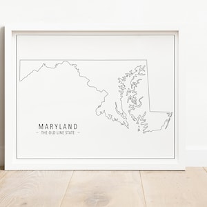 Maryland State Print, Instant Download, Maryland Outline, State Wall Art, State Print, Black and White, Maryland Map