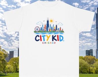 Maglietta per ragazzi di Chicago, maglietta "City Kid Chicago", maglietta con lo skyline colorato di Chicago, souvenir di Chicago per bambini, maglietta "Windy City" per bambini, regalo di Chicago