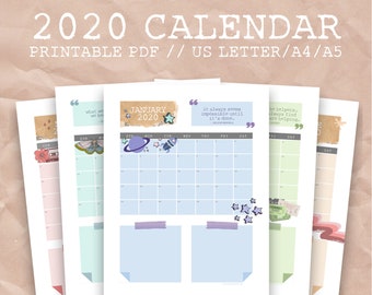 Printable 2020 Calendar - A4, US Letter, A5 - Instant Download