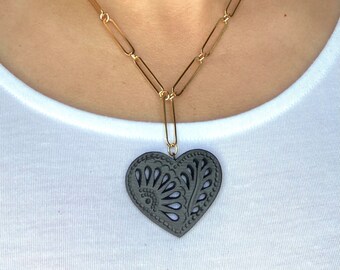 Büroklammer Halskette mit Flachen Barro Negro Herz | Handgemachter mexikanischer Schmuck