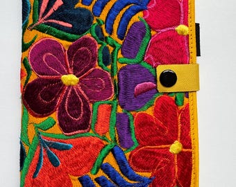 Embroidered Mexican Notebook | Floral Design, Pen Holder, Snap Closure