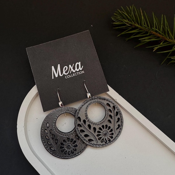Oaxacan Barro Negro Round Disc Earrings | Handmade Black Clay Jewelry