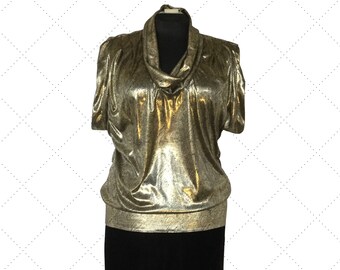 Túnica superior, túnica estilo años 90, túnica hippie chic, blusa dorada con estampado de cachemira, túnica de manga corta, túnica con cuello drapeado, blusa de lamé dorado, costuras para Judy