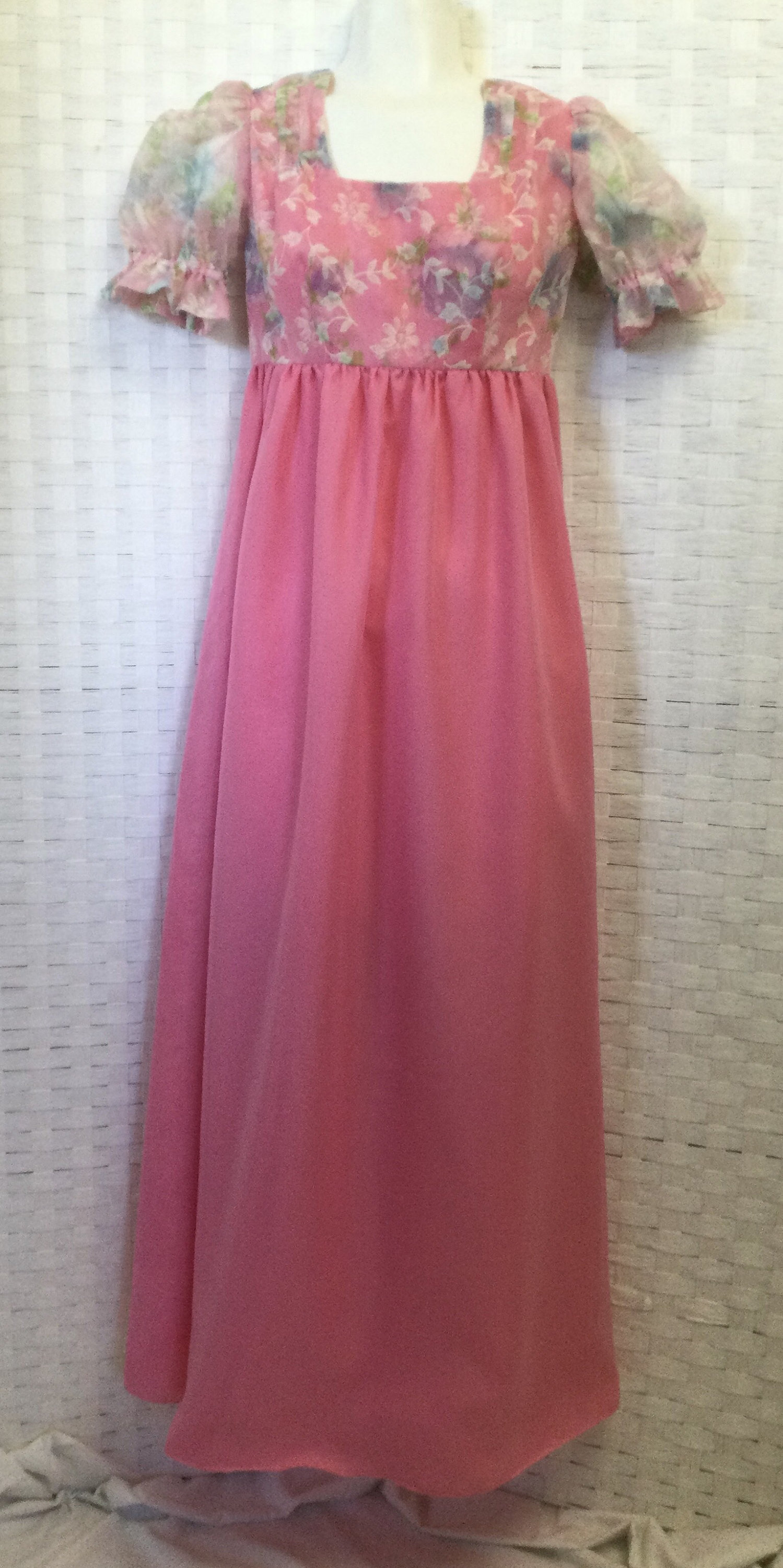 Vintage Pink Empire Waist Bridesmaids Dress, Retro Grad Dress, 70s