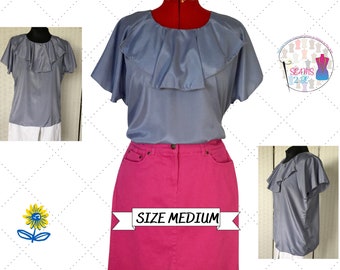 Shell Top, Dressy Flutter Sleeve Top, Short Sleeve Blouse with cravat, Grey Silky Blouse, Summer Top, Top for Layering, Seams 2 Be By Judy