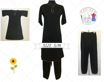 Vintage Black Pants Suit, Hippie Chic 2 Piece Pants Suit, 60s Tricot Knit Tunic and Pants, Seams 2 Be By Judy