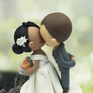 Custom Bride & groom wedding cake topper, Curly bun bride and buzz cut groom figurine, mixed race wedding, anniversary cake topper