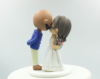 Kissing wedding cake topper, Bald head groom and wavy bridal hair bride wedding topper, Custom Mr and Mrs wedding, elopement cake topper