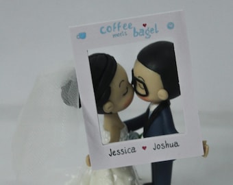 Dating App Wedding Cake Topper, Where we met wedding theme, buzz cut groom and high bun bride topper