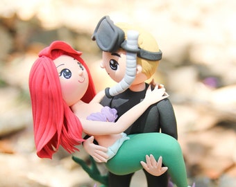 Mermaid wedding cake topper, Scuba Diver wedding topper, Groom carry bride cake topper, wedding custom clay miniature, custom wedding gift