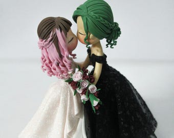 Lesbian wedding cake topper, Floral Sparkly Wedding Dress, Glitter Black Dress, Green Hair low bun bride, Pink highlight half do bride