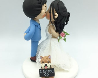 Custom Wedding Cake topper with dog with "I do too" sign, Handmade bride & groom with dog Wedding Cake Topper, Wedding Gift for Dog mom