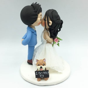 Custom Wedding Cake topper with dog with "I do too" sign, Handmade bride & groom with dog Wedding Cake Topper, Wedding Gift for Dog mom