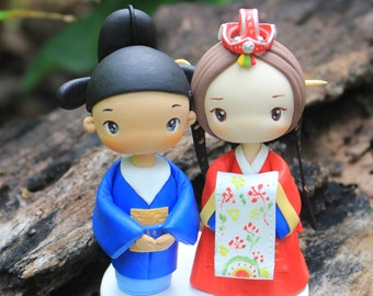 Hanbok Korean wedding cake topper, Royal Hanbok wedding topper, bride and groom cake topper in traditional wedding costume