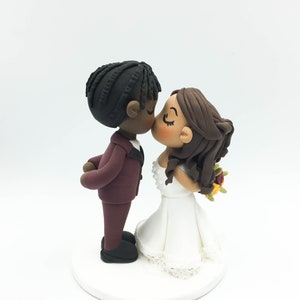 Wedding cake topper, Braid man groom & half up do bride topper, Interracial wedding, African American groom, Latino bride Rustic wedding image 1