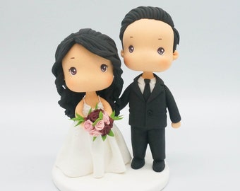 Rustic wedding cake topper, Custom bride & groom clay figurine, Pink and Purple wedding theme, Custom Elopement cake topper, wedding gift