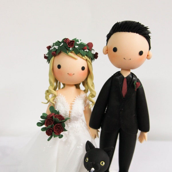 Wedding Cake Topper Bride & Groom with a cat, Burgundy wedding cake topper, Boho Chic wedding cake topper, Flower Crown Bride, Cat topper