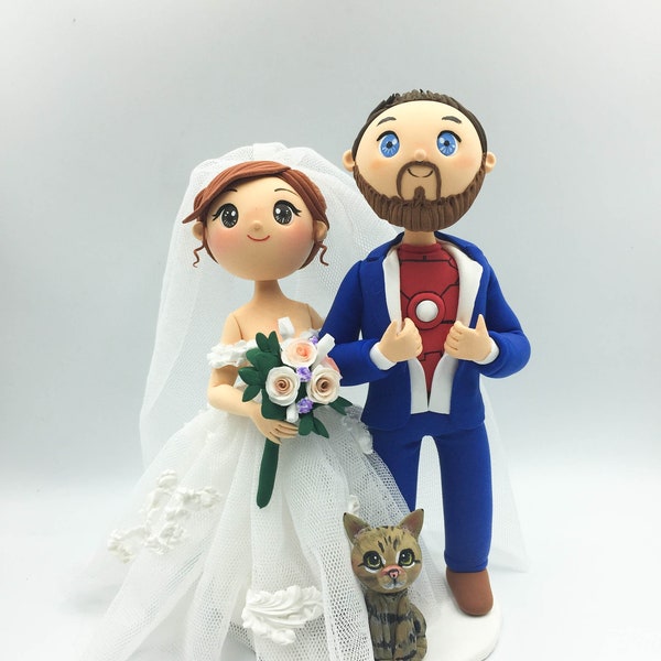 Superhero Wedding Cake Topper, Custom Bride & Groom with cat topper, Gorgeous Wedding Dress Topper, Cat Wedding Cake Topper