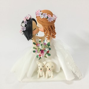 Bride & Bride Wedding Cake Topper with dogs, Summer Wedding cake Topper, Bohemian Lesbian wedding cake topper, Same Sex Cake Topper