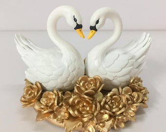 Gold wedding cake topper, Swan bride & groom cake topper, Vintage 50th anniversary cake topper, eternal love gift idea