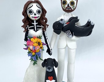 Day of the dead Dia de los Muertos theme wedding cake topper with dogs, Halloween wedding decoration, Till death do us part, skeleton couple