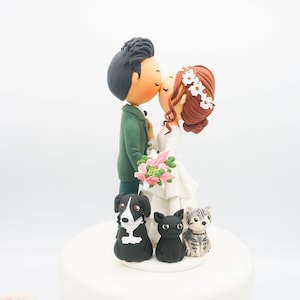 Garden wedding cake topper, fairytale wedding theme, bride & groom wedding cake topper with cat, wedding anniversary gift from family