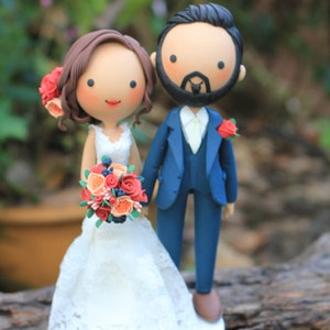 Boho wedding cake topper, Mexican wedding topper - Red lipstick bride and beard groom cake topper