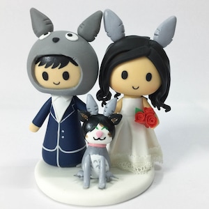Anime Wedding Cake Topper: Custom Bride, Groom & Cat Figurine