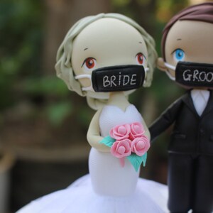 Quarantine wedding cake topper, Elopement bride & groom topper, Frontline wedding topper clay figurine image 3
