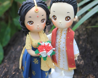 Indian wedding cake topper, Indian wedding clay figurine, ethnic wedding, bride & groom cake topper, Mr and Mrs clay figurine