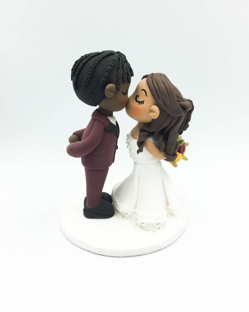 Wedding cake topper, Braid man groom & half up do bride topper, Interracial wedding, African American groom, Latino bride Rustic wedding image 1